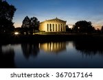 A Horizontal image of the Parthenon in Nashville, Tennessee, at night and it