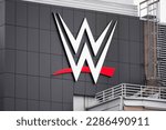 Small photo of Stamford, CT - April 7, 2023 : World Wrestling Entertainment, Inc. also known as WWE logo on corporate headquarters building in Connecticut