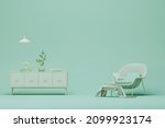 Creative interior design in green studio with plant pot and armchair. Pastel blue and white color background. 3D rendering for web page, presentation or picture frame