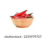 Fresh red peppers in wooden bowl, paprika, hot, mixed spices Mexican bell pepper, organic plants, healthy vitamins Isolated on white background, clipping path