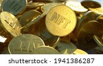 Small photo of NFT golden coins in pile. Non fungible tokens dropped casually in a large pile, close-up shot. Embossed circuit design, shiny gold color with bright sunlight. Trendy cryptocurrency art coins.