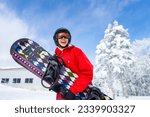 Small photo of Portrait of Asian woman practice snowboarding on snow mountain at ski resort. Attractive girl enjoy and fun outdoor active lifestyle travel nature and winter extreme sport training on holiday vacation