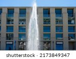 Small photo of berlin, 2022, june, 05, water fountain at Pariser Platz in front of a branch of DZ Bank