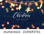 Merry Christmas and happy new year, Christmas stars lights bokeh with falling snow, snowflakes, Winter and new year background holidays.