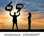 Small photo of Selfishness. A selfish and arrogant man with a crown holding a like sign addressed to him and a dislike addressed to a woman. The concept of egoism and inequality in both business and life. Silhouette