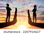 Small photo of Selfishness and arrogance. Arrogant people, woman and man with crown standing on stop hand gesture. Concept of arrogant behavior and the lack of compromise in relationships. Silhouette