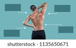 Small photo of Digital composite of Athletic fit man holding back pain with blank infographic chart panels