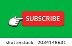 Small photo of Digital image of the word SUBSCRIBE in red bar with hand icon vector on the right pointing on it against green background. 4k