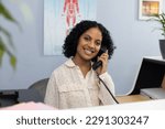 Small photo of Portrait of happy biracial medical receptionist sitting at reception desk and talking on telephone. Hospital, medicine and healthcare.