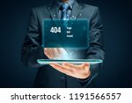 Http 404 error not found page template concept. Error page 404 message and businessperson with digital tablet.
