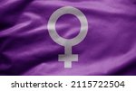 Small photo of Woman gender sign with purple blowing soft silk. Feminism symbol concept of girl power flag waving on wind. Women resist feminism motivational slogan.