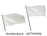 Two white flags waving on the wind. Isolated over white.