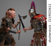 Small photo of Portrait of war between nordic barbarian and roman soldier