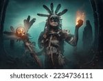 Small photo of Shot of evil female wizard dressed in ancient aboriginal clothes in graveyard.