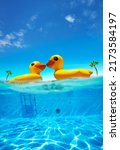 Small photo of Two kissing lovely Inflatable duck swim in the pool water on half underwater split shot