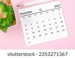 December 2023 Monthly calendar for 2023 year on pink background.