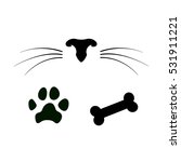 Set of dog and cat icons. Pet nose with whiskers, paw and bone. Vector illustration