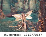Small photo of charming fairy woke up in forest, sweetly smacks after sleeping, cue girl with blond hair, eyes closed in long green dress with cut train, deep decolte, baby spirits with transparent butterfly wings.