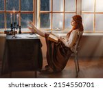 Red Haired Medieval Woman Sits...