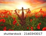 fantasy goddess woman queen in red silk dress. Happy girl princess praying hands raised to sky, bright magic light divine sun art dramatic sunset. Summer nature Field poppies flowers, Back rear view.