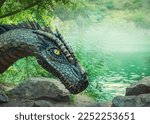 Small photo of Fantasy art portrait real dragon head close-up sharp teeth beautiful eyes muzzle in dark gray-green scales, spikes. Creative big dinosaur toy of Jurassic period. Background summer nature green trees.