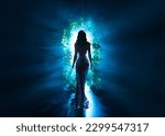 dark shadow silhouette fantasy woman walking in black night garden in fog glowing portal arch flowers, art neon blue magic light. Mystery lady. Gothic luxury Girl princess shiny dress back rear view
