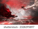 Small photo of couple two women swim underwater, girl fantasy mermaid river nymph, long dress tail silk fabric fluttering. Woman fairy greek goddess drowns under water. Fashion model posing in pool red light clothes