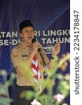 Small photo of Bogor - Indonesia June 7 2022, deputy mayor of Bogor, Dedie A Rachim, gave a speech at the World Environment Day event which was held at the Katulampa Dam, Bogor, together with scout members