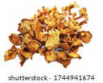Dried chanterelles close-up on white background, isolated.