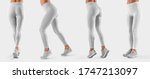 Small photo of Mockup of women's white leggings on a fit girl, sweatpants front, side, back, for presentation of design and advertising in the online store. Template stretch fabric tights isolated on background. Set