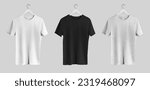 Small photo of Mockup of white, black, heather T-shirt on hanger, front view, men's clothing isolated on background. Shirt presentation template for advertising, commerce. Apparel set for brand design.