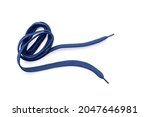Dark-blue, blue shoelaces isolated on white, crumpled laces, top view