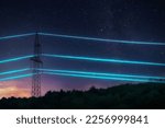Electric transmission tower with glowing wires against the starry sky background. High voltage electrical pylon. Energy concept.