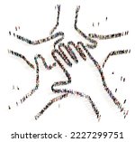 Large and diverse group of people seen from above gathered together in the shape of hands put together, 3d illustration