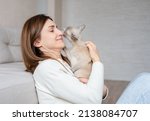 Small photo of cat licks the nose of a young beautiful woman. Burmese cat licking or kissing woman's nose. Cat and owner together