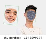Deepfake concept matching facial movements with a different face of another person. Face swapping or impersonation.