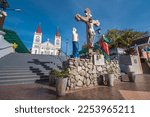 Small photo of Baguio City, Philippines - Jan 2023: A cross and steps in front of Our Lady of the Atonement Cathedral or Baguio Cathedral