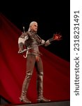 Small photo of Udachnyy, Russia - June 16, 2023: The action figure of Geralt of Rivia. This is a hero from that appears in the game The Witcher 3: Wild Hunt. A fictional character and the protagonist