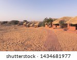 Small photo of Rajasthan, India - December 27, 2018: Reggie's Camel Camp, Desert Camp Resort in Osian Jodhpur India. Tents in the rajasthan desert