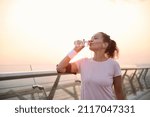 Small photo of Happy determined athlete, beautiful Hispanic woman wearing pink t-shirt, smartphone holder and terry wristbands stands on a city bridge and drinks water, resting after early morning jog at sunrise