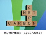 Net, Zero, Carbon, words in wooden alphabet letters isolated on blue and green background