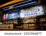 Small photo of Milwaukee, Wisconsin USA - August 23rd, 2023: 2024 Republican Presidential Debate held at Fiserv Forum Milwaukee Bucks Stadium hosted by Fox News and moderated by Bret Baier and Martha MacCallum.