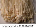 Flammulina filiformis is a species of agaric in the family Physalacriaceae. Enokitake mushroom. Jamur enoki. Closeup of white mushroom. 