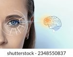 Small photo of Female pupils and brain function, reveal a hidden signal about the work of your brain, light background, close-up
