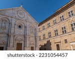 view of the scenic Cathedral of Pienza, Tuscany,  It is a Roman Catholic cathedral dedicated to the Assumption of the Virgin Mary