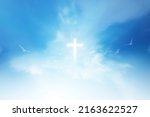 Small photo of Christian faith A miracle happened on the background of the sky. A large number of fluffy clouds were separated appeared in the form of a cross in the middle of the sky. The bright and powerful ligh