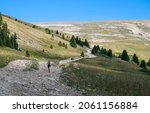 An unidentifiable runner runs down a mountain trail above Leadville, Colorado, in the Rocky Mountains.