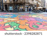 Small photo of Zagreb, Croatia 10-10-2023 Mural of colourful cats at a intersection of a pedestrian zone in Masarykova street in downtown Zagreb created by Slaven Kosanovic Lunar, Ivo Kosanovic Smack, Filip and Luka