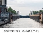 Small photo of Moscow region, Russia, July 3, 2023. Vintage river sluice built in the last century.