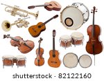 Musical instruments collection on white background